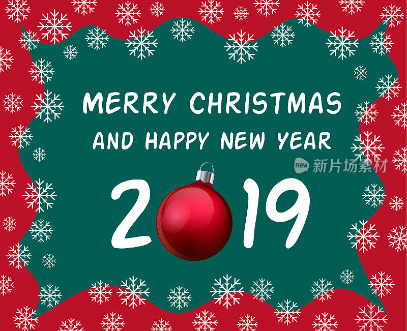 圣诞和新年快乐的庆祝卡，圣诞球的节日祝福，现实的红色小玩意和2019文本在边界红色波浪框架覆盖雪花在墨绿色的背景，eps 10矢量插图